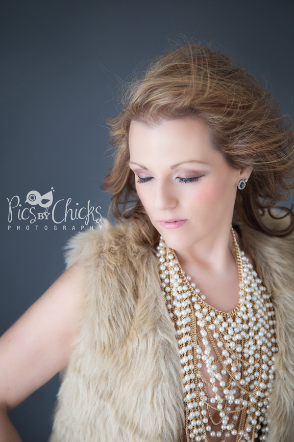 Styled Boudoir Photo Shoot with woman in fur vest and pearl necklace.  Pittsburgh Boudoir Photographer - www.PicsByChicksPhotography.com