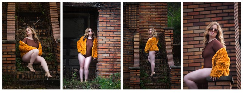pittsburgh boudoir session in fur coat outside with a brick home