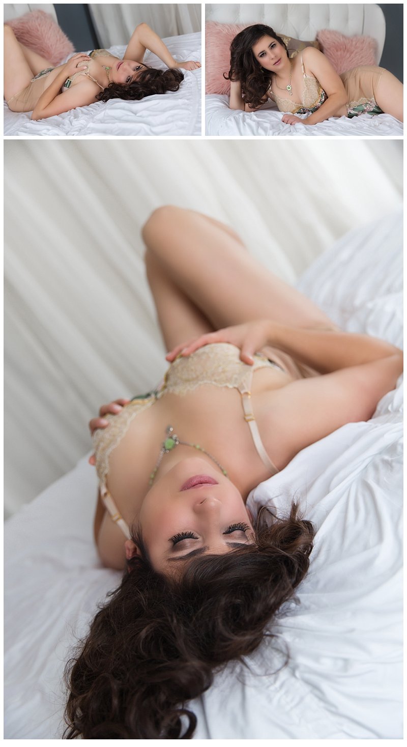 Boudoir Photos Pittsburgh, poses of client on bed in lingerie