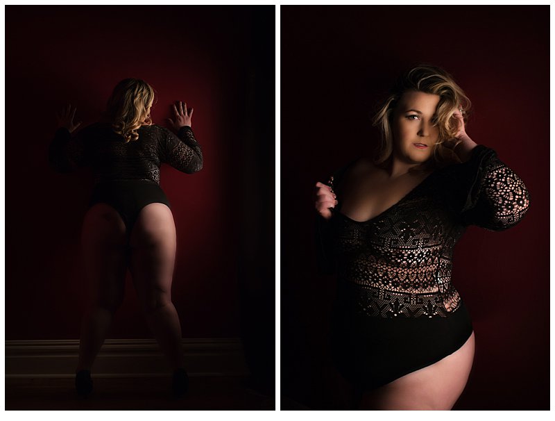 sexy plus size photos of woman in lace bodysuit pittsburgh boudoir photography