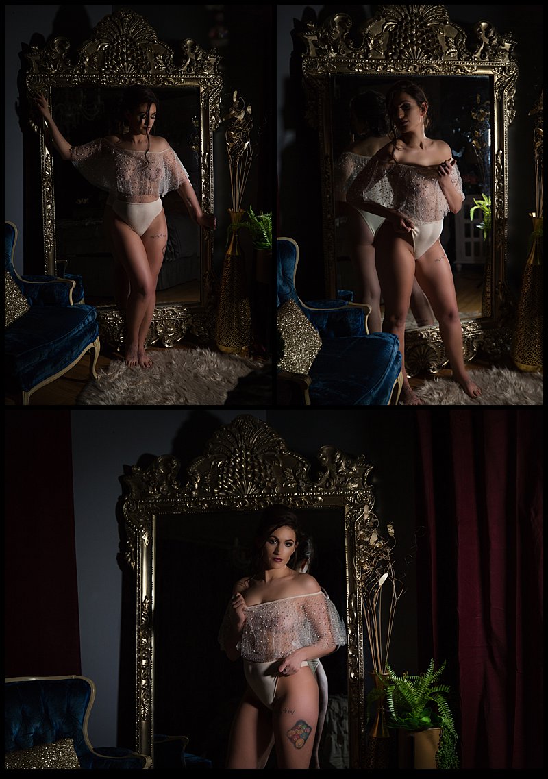 boudoir photos pittsburgh of woman posing in bodysuit in front of mirror at photography studio pics by chicks photography boudoir photos pittsburgh of woman posing in bodysuit in front of mirror at photography studio pics by chicks photography