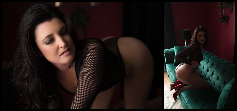 boudoir photography pittsburgh woman in fishnet bodysuit on studio sofa boudoir photography pittsburgh woman in fishnet bodysuit on studio sofa