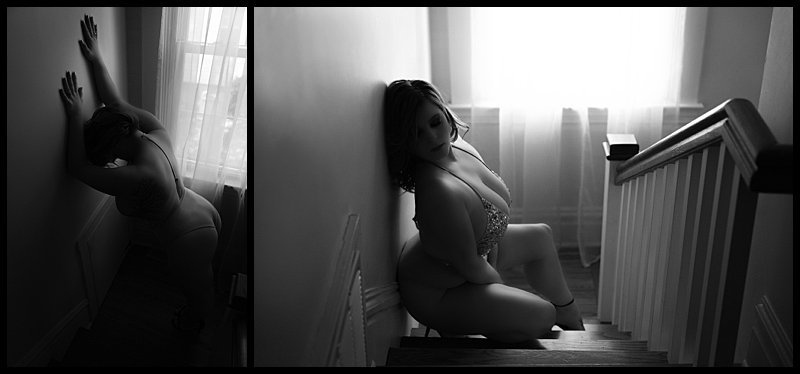 black and white boudoir images of woman in lingerie on stairs at boudoir studio in Pittsburgh PA black and white boudoir images of woman in lingerie on stairs at boudoir studio in Pittsburgh PA