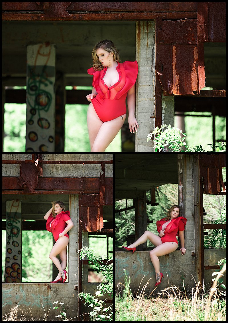 outdoor boudoir session in pittsburgh PA abandoned building in red lingerie outdoor boudoir session in pittsburgh PA abandoned building in red lingerie