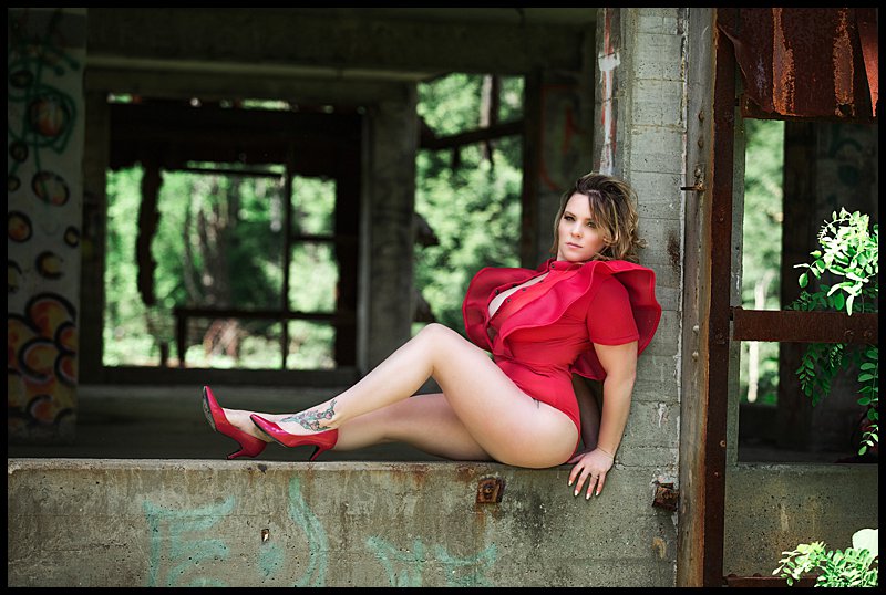 outdoor boudoir session in pittsburgh PA abandoned building in red lingerie outdoor boudoir session in pittsburgh PA abandoned building in red lingerie