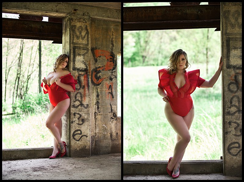 outdoor boudoir session in pittsburgh PA abandoned building in red lingerie outdoor boudoir session in pittsburgh PA abandoned building in red lingerie