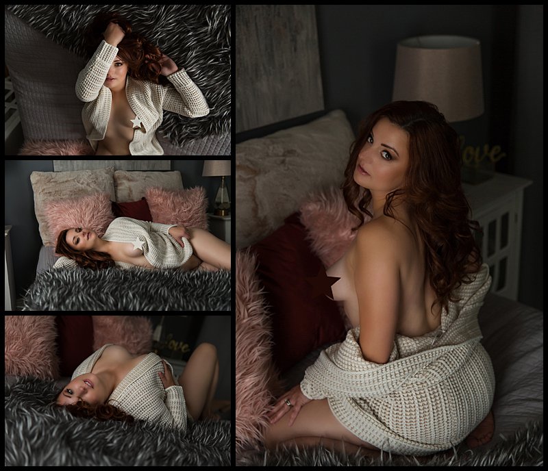 boudoir photos pittsburgh on bed wearing a sweater