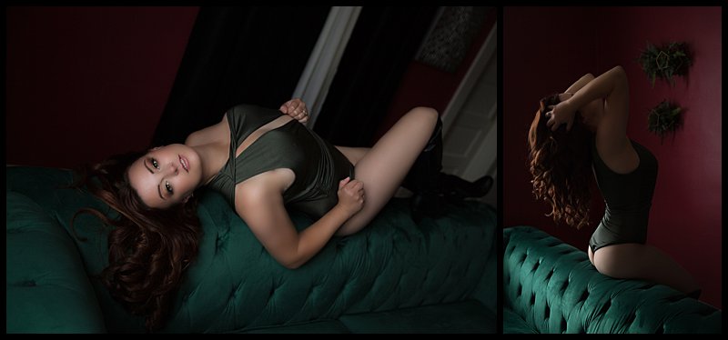 boudoir photography pittsburgh woman in green lingerie posing on sofa boudoir photography pittsburgh woman in green lingerie posing on sofa