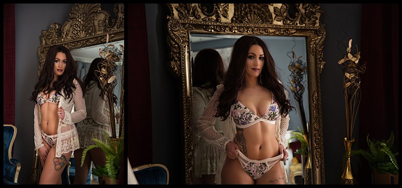 boudoir photos pittsburgh of woman in floral lingerie posing in front of grand mirror