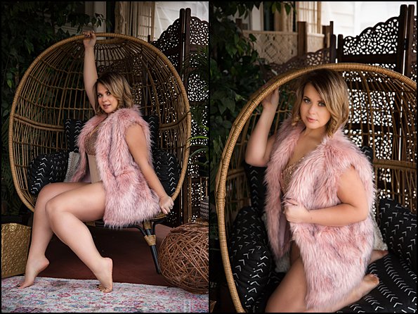 pittsburgh boudoir photography woman in fur vest posing on egg chair pittsburgh boudoir photography woman in fur vest posing on egg chair