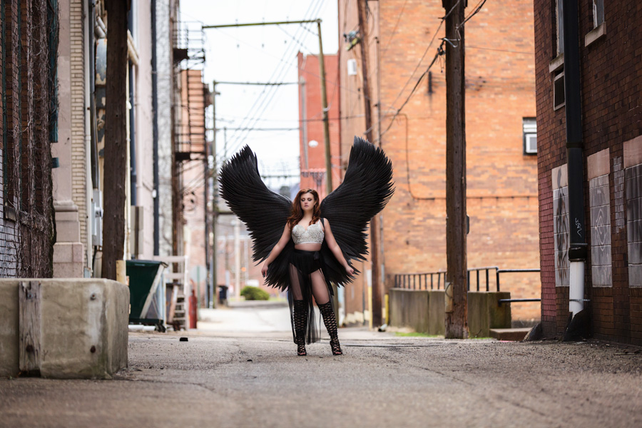 city photo shoot for outdoor boudoir session in pittsburgh, woman with black wings city photo shoot for outdoor boudoir session in pittsburgh, woman with black wings