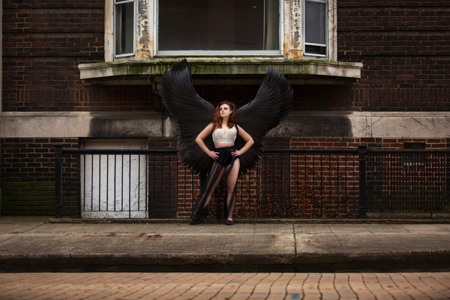 boudoir photo shoot with Maura Chick, fantasy session with black wings boudoir photo shoot with Maura Chick, fantasy session with black wings