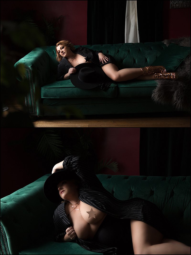 pittsburgh boudoir photography of woman in blazer, panties and stacked necklaces pittsburgh boudoir photography of woman in blazer, panties and stacked necklaces