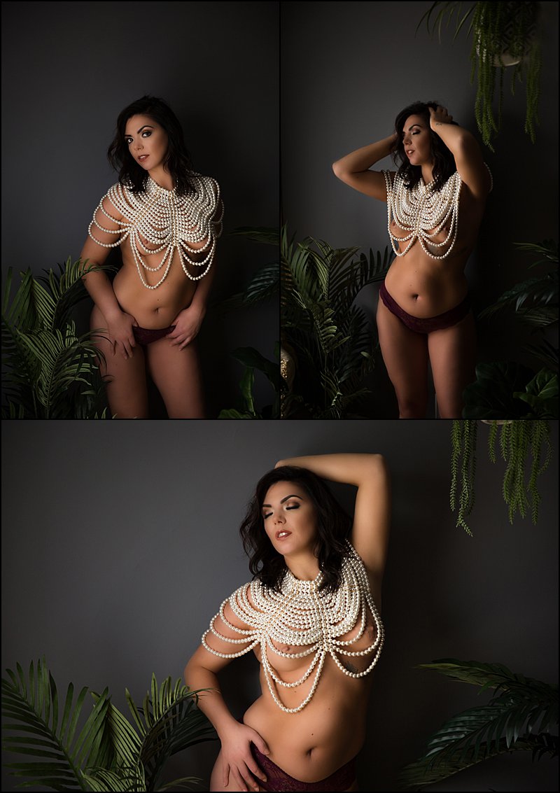 boudoir photo session in pittsburgh PA studio with pearl necklace