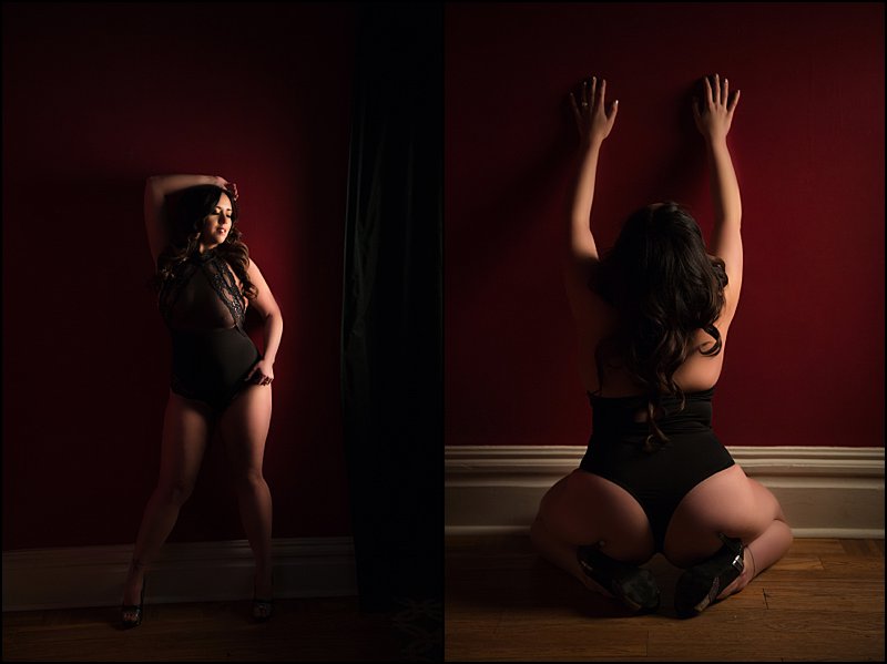 boudoir photos pittsburgh black bodysuit lingerie with dramatic lit photos at boudoir studio