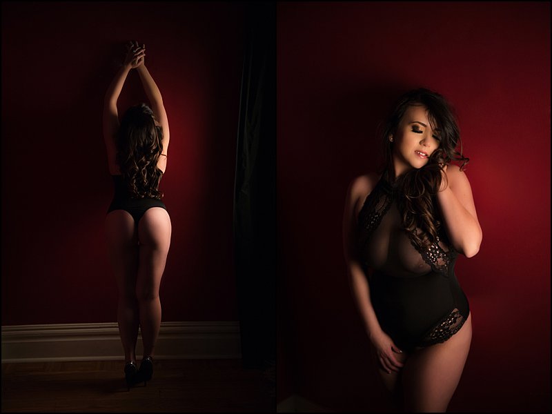 boudoir photos pittsburgh black bodysuit lingerie with dramatic lit photos at boudoir studio