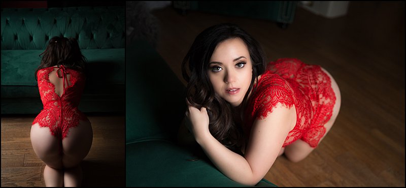 pittsburgh boudoir photographer red lingerie on green sofa at boudoir studio at Pics By Chicks Photography pittsburgh boudoir photographer red lingerie on green sofa at boudoir studio at Pics By Chicks Photography