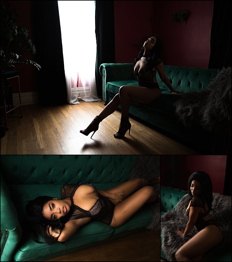 boudoir photos pittsburgh at boudoir studio, lingerie photos on green tufted sofa