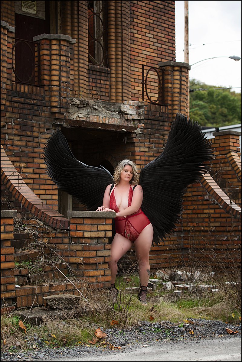 boudoir photography pittsburgh, black fantasy wings, boudoir session with Pittsburgh's Premier boudoir photographer