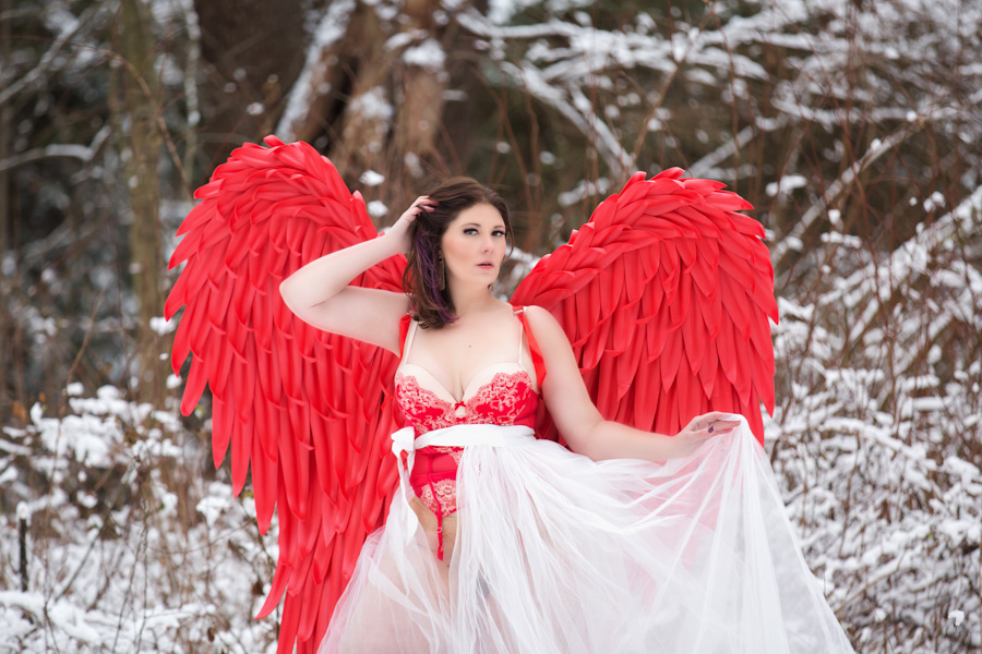 boudoir photography pittsburgh red fantasy wings, lingerie photo shoot outside