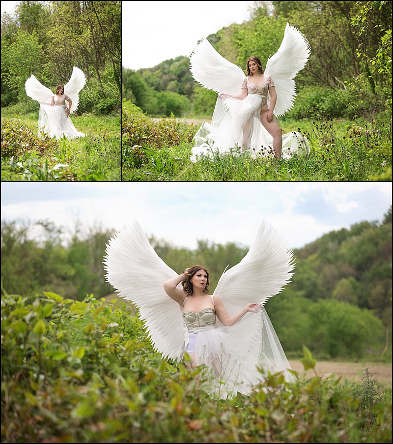 pittsburgh boudoir photography, fantasy wing photo shoot with Maura Chick studios, white wings in tulle dress