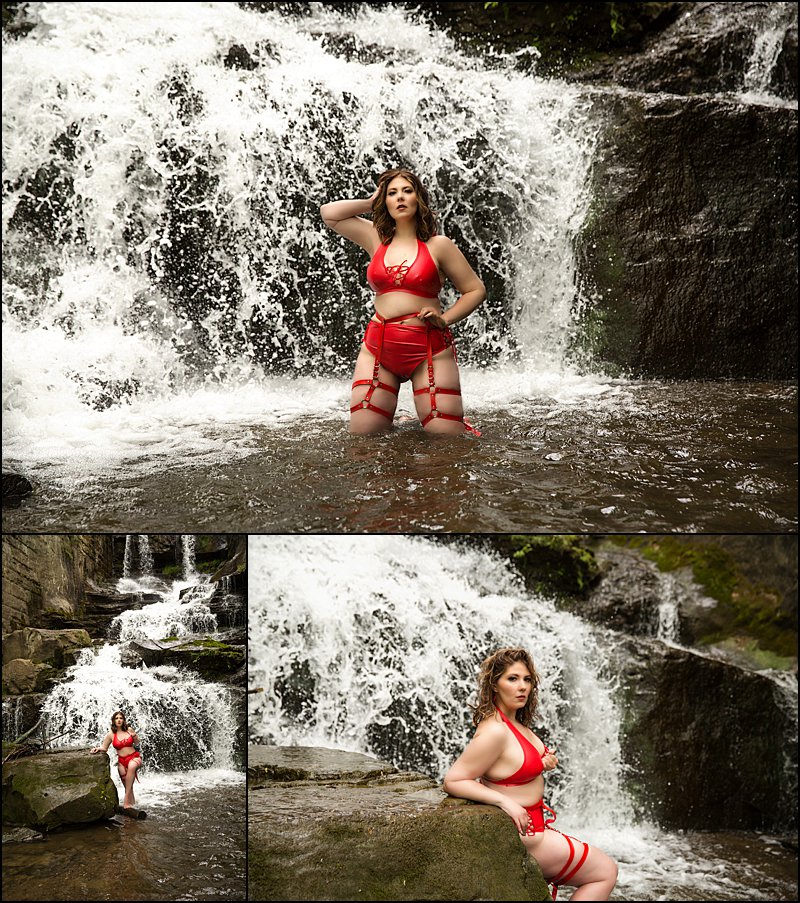 red lingerie boudoir photo shoot, sexy waterfall session, Maura Chick Studios