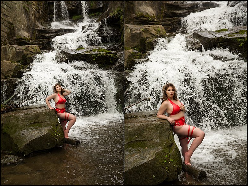 sexy photos pittsburgh, red lingerie in waterfall, beaver county boudoir photographer, pittsburgh's best boudoir photographer
