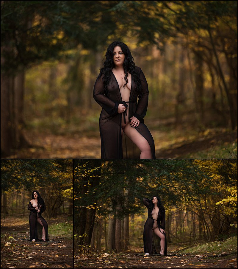 outdoor boudoir photo shoot with witch in black robe and tarot cards, boudoir photos in pittsburgh, Maura Chick Studios