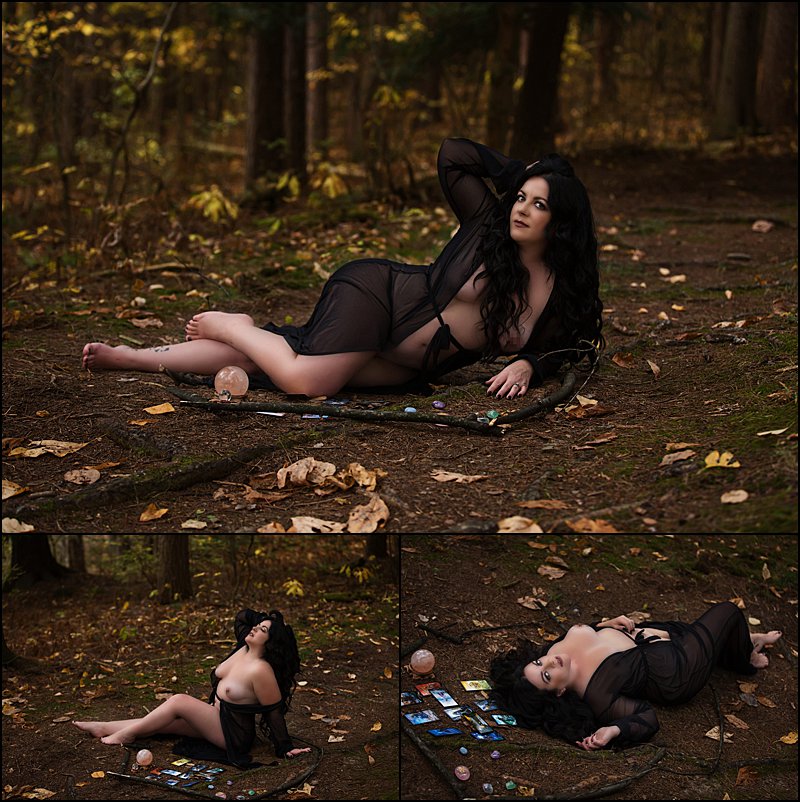 outdoor boudoir photo shoot with witch in black robe and tarot cards, boudoir photos in pittsburgh, Maura Chick Studios