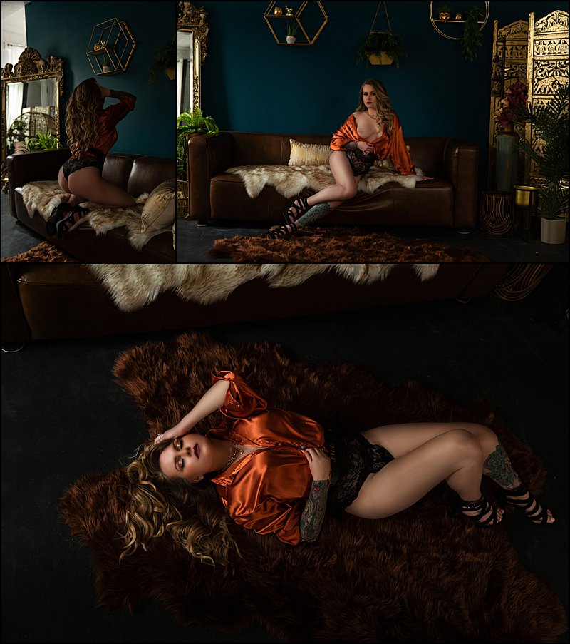 boudoir photos pittsburgh, pittsburgh's best boudoir photographer, silk shirt black panties posing on sofa at boudoir studio