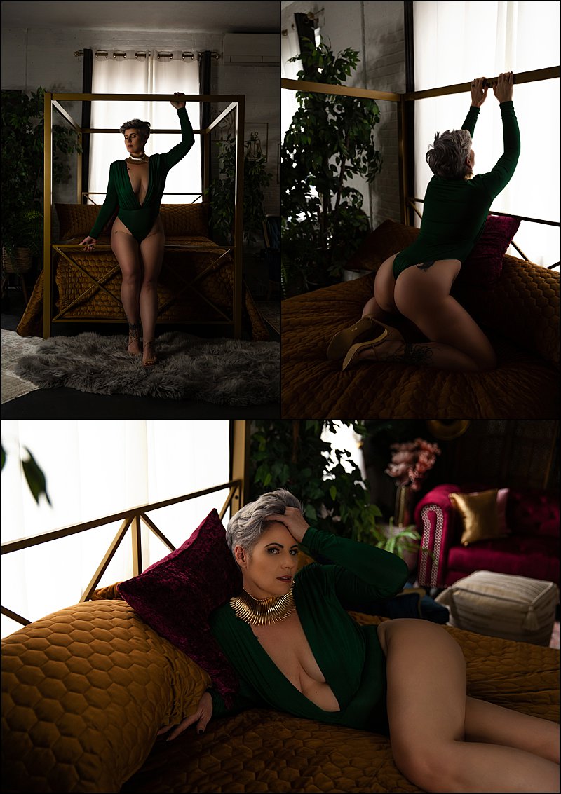 boudoir photography pittsburgh, sexy photos pittsburgh, green bodysuit with gold necklace posing on bed, best boudoir photographer pittsburgh
