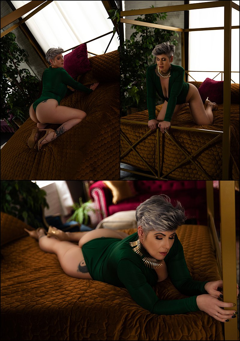boudoir photography pittsburgh, sexy photos pittsburgh, green bodysuit with gold necklace posing on bed, best boudoir photographer pittsburgh