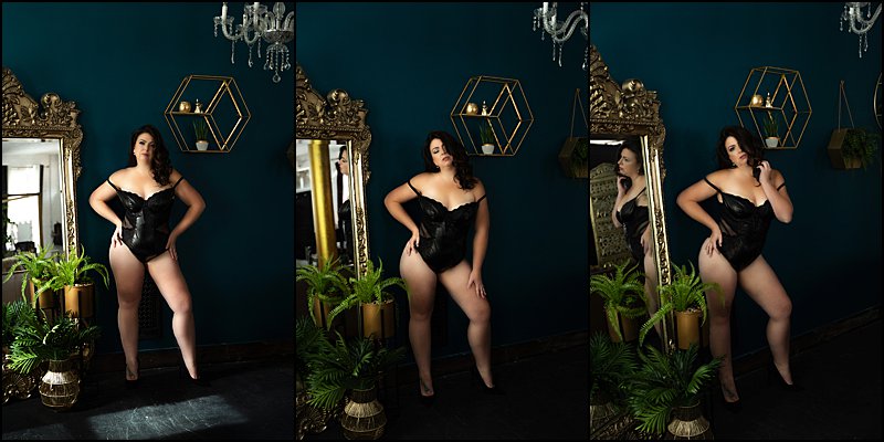 boudoir photographer pittsburgh, plus size boudoir photographer, sexy photo shoot with mirror and blue wall in black leather Torrid lingerie