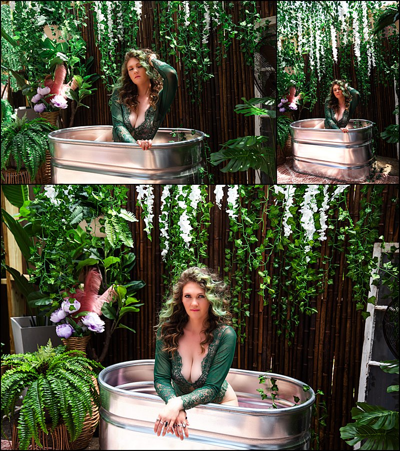 pittsburgh boudoir photography, boudoir studio outdoor courtyard, unique boudoir portraits, green lingerie in galvanized tub