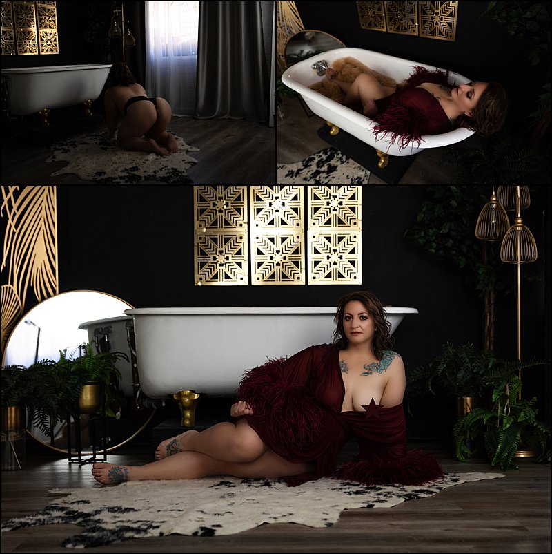boudoir photo shoot pittsburgh, clawfoot tub photo set with ostrich Catherine D'lish gown, boudoir photography pittsburgh
