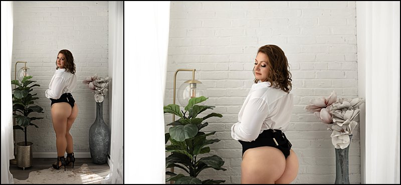 plus size boudoir photography pittsburgh, size inclusive boudoir photographer, suspenders and panties photo shoot at boudoir studio