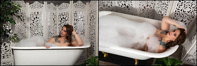 bubble bath photo shoot pittsburgh, boudoir photography pittsburgh, boudoir studio with clawfoot tub and bubbles