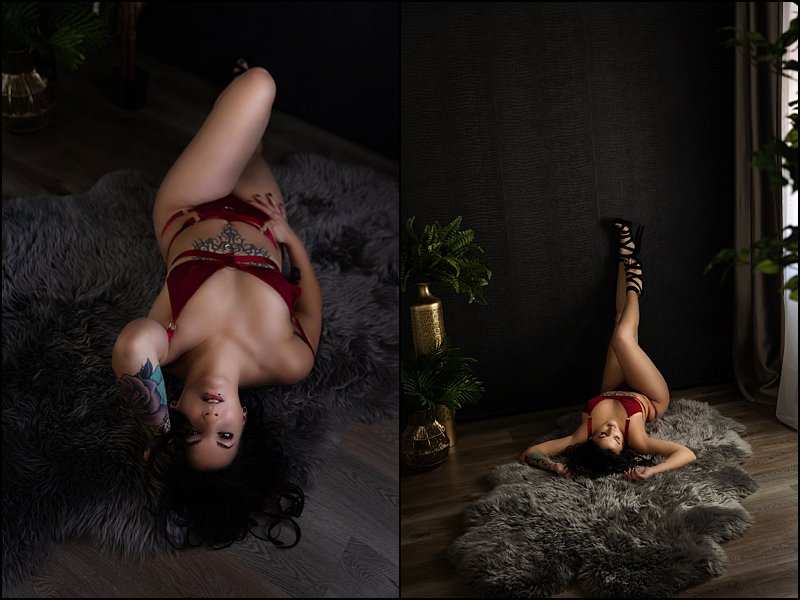 pittsburgh boudoir photos, red lingerie posing on crocodile wall in boudoir studio, pittsburgh's best boudoir photographer