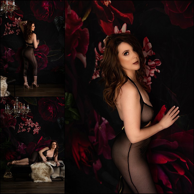 red floral wall for pittsburgh boudoir photos, fishnet bra and skirt set for boudoir photography session in beaver county pa