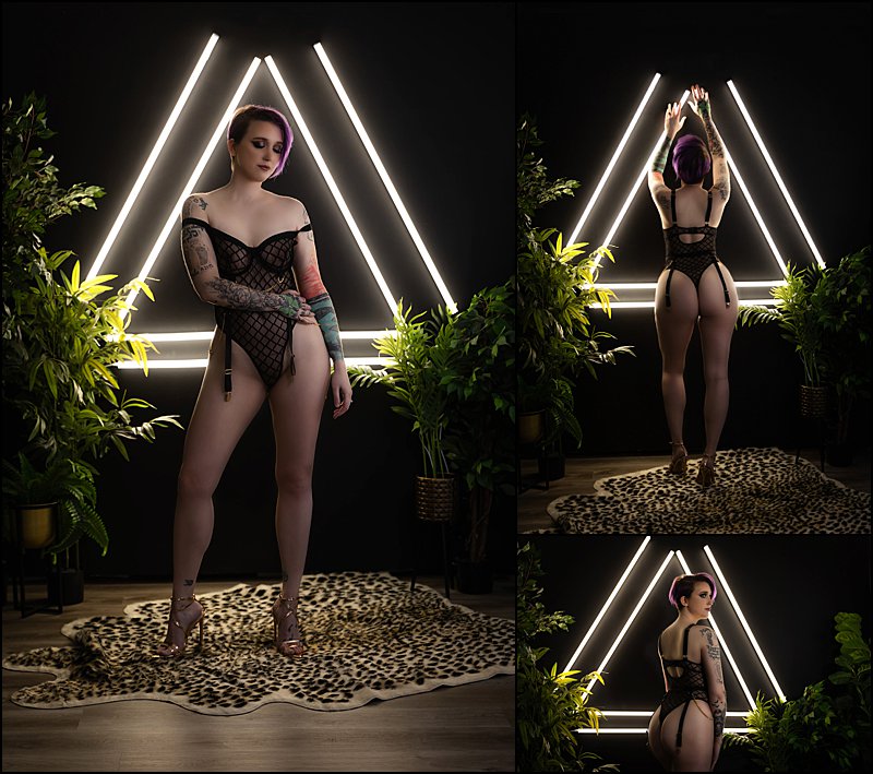 boudoir photography pittsburgh studio, black lingerie with triangle lights and greenery set, sexy photos youngstown OH