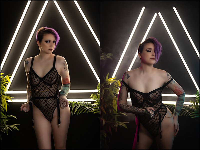 boudoir photography pittsburgh studio, black lingerie with triangle lights and greenery set, neon lights photo shoot