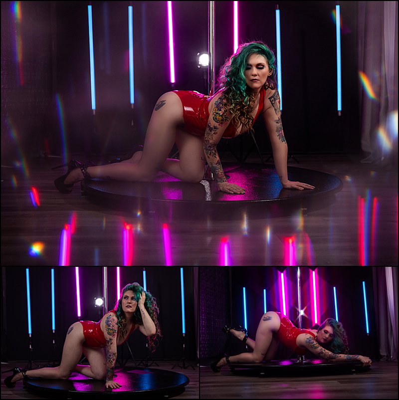 pittsburgh boudoir photos with dancer pole in boudoir studio, red latex lingerie with neon lights photo shoot