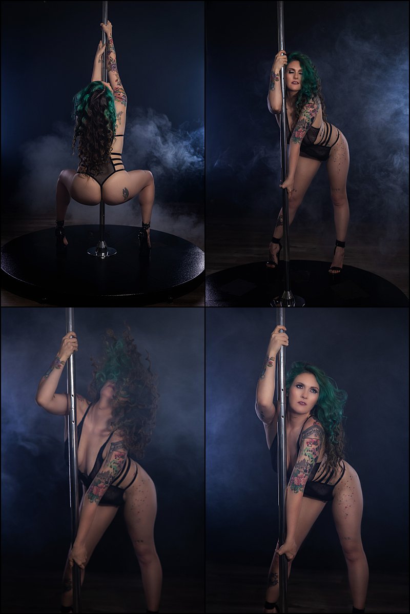 pole boudoir photo shoot, sexy pictures pittsburgh with dancer pole and black fishnet lingerie, smoke machine fantasy session in boudoir studio, best boudoir pittsburgh