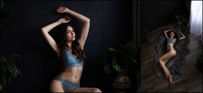 boudoir photography pittsburgh, blue bra and panty set posing in boudoir studio Maura Chick Studios, self love photo shoot