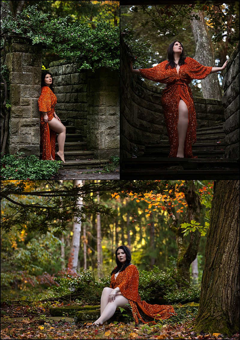 boudoir photos pittsburgh, outdoor boudoir photoshoot in pittsburgh with orange sequin gown in the fall foliage