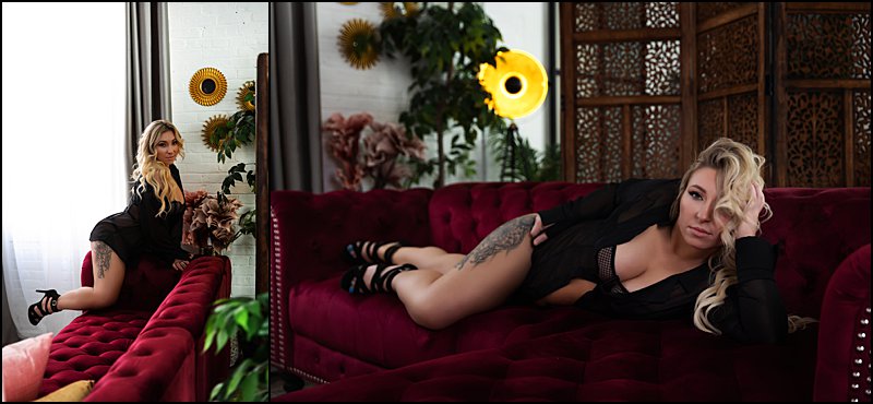 Boudoir Photos Pittsburgh, woman posing in black lingerie on red velvet sofa at boudoir studio in pittsburgh, Maura Chick Studios