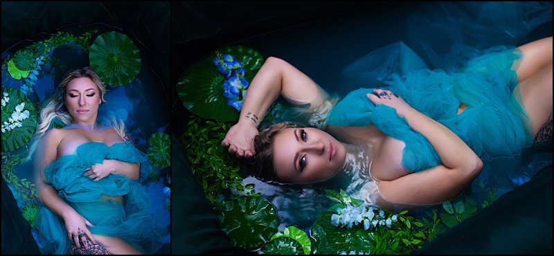 floral bath photos during boudoir photo shoot in pittsburgh, unique photo shoots, blue tulle in ivy and floral bath, Maura Chick Studios
