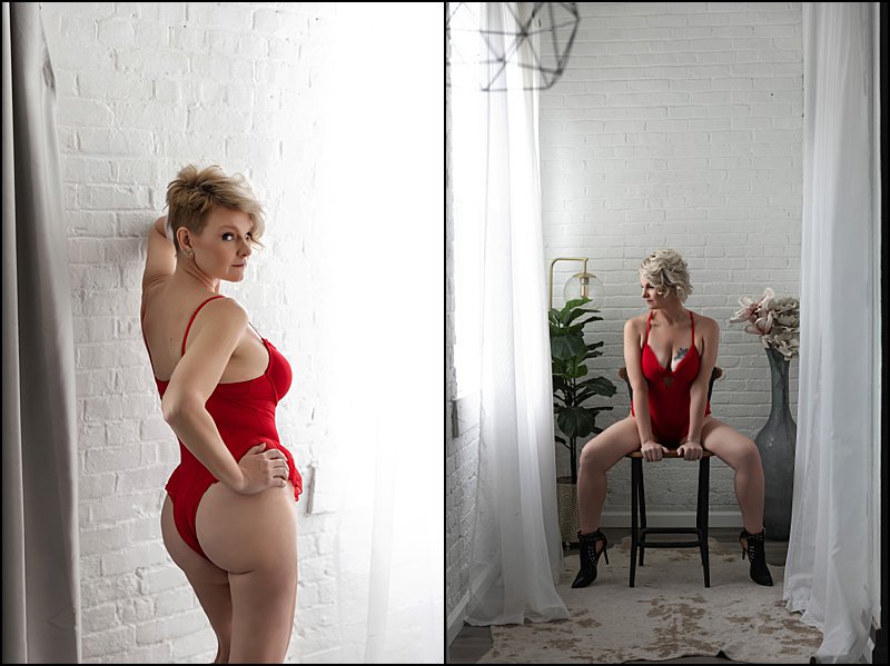 red lingerie photo shoot pittsburgh, boudoir images of woman posing on wall in red lingerie, pittsburgh's best boudoir photographer