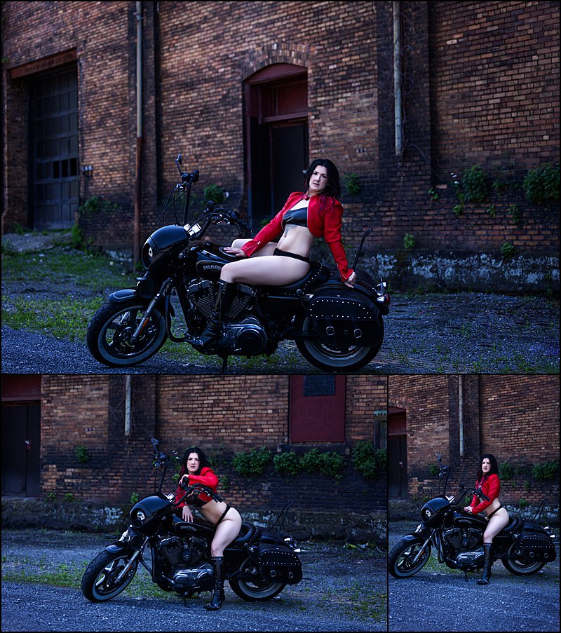pittsburgh motorcycle boudoir session with Maura Chick Studios, motorcycle photo shoot urban setting