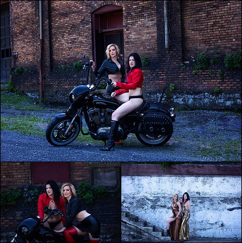 women posing during motorcycle boudoir photo shoot in pittsburgh with Pics By Chicks Photography, Pittsburgh's Premier Boudoir Photographer